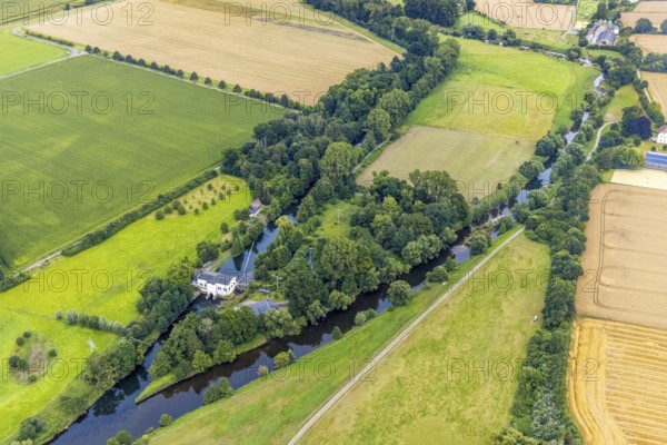 Aerial view, Obergraben with run-of-river power station Wickede and river Ruhr in the district