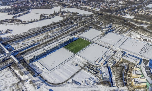 Aerial view, training ground in the snow at the Veltins-Arena, new car park Stan-Libuda-Weg, Erle,