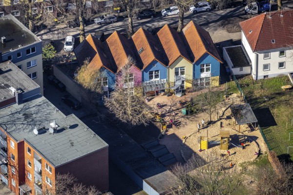 Aerial view, Kindergarten Bulmke, Hertastrasse, residential building triangle, Florastrasse,