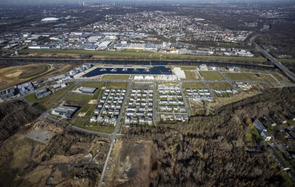 Aerial view, construction site, new construction area harbour quarter Graf Bismarck, marina