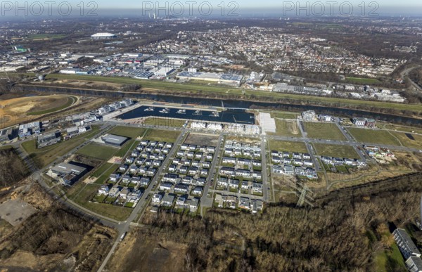 Aerial view, construction site, new construction area harbour quarter Graf Bismarck, marina