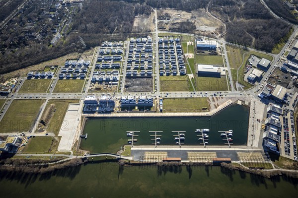 Aerial view, construction site, new construction area harbour quarter Graf Bismarck, marina