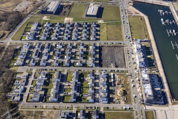 Aerial view, construction site, new construction area harbour quarter Graf Bismarck, marina