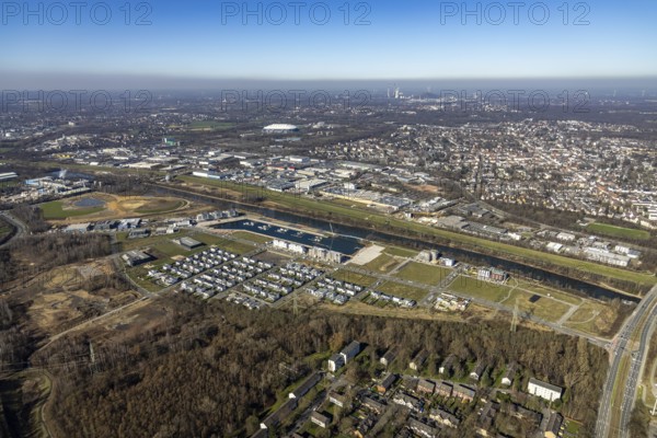 Aerial view, construction site, new construction area harbour quarter Graf Bismarck, marina