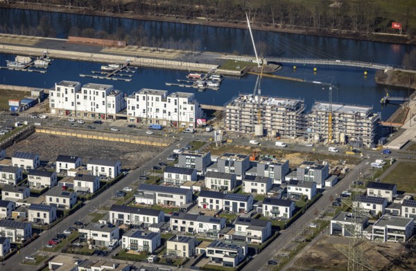 Aerial view, construction site, new construction area harbour quarter Graf Bismarck, marina