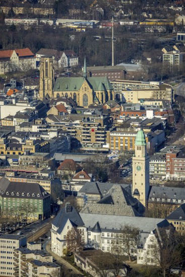 Aerial view, Town Hall Buer with tower, Catholic Provost Church St. Urbanus, Buer, Gelsenkirchen,