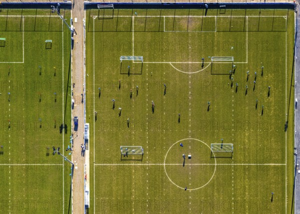 Aerial view, football players and training grounds at the Schalke Veltins-Arena, Berger Feld, Erle,