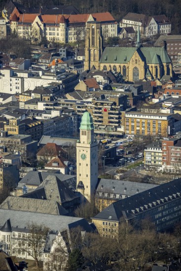Aerial view, Town Hall Buer with tower, Catholic Provost Church St. Urbanus, Buer, Gelsenkirchen,