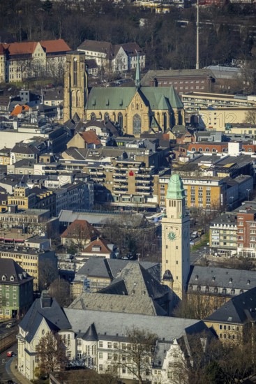 Aerial view, Town Hall Buer with tower, Catholic Provost Church St. Urbanus, Buer, Gelsenkirchen,