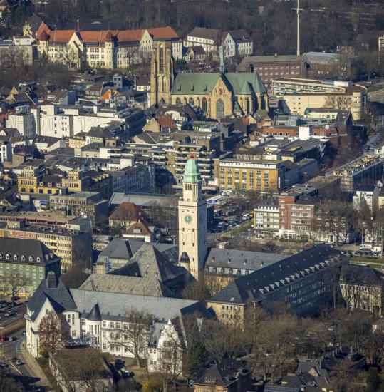 Aerial view, Town Hall Buer with tower, Catholic Provost Church St. Urbanus, Buer, Gelsenkirchen,
