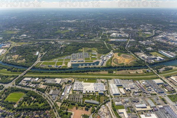 Aerial view, Graf Bismarck city quarter on the Rhine-Herne Canal, Marina Bismarck, Schalke-Nord,