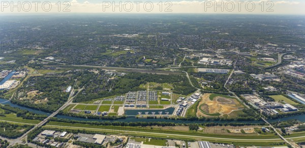 Aerial view, Graf Bismarck city quarter on the Rhine-Herne Canal, Marina Bismarck, Schalke-Nord,