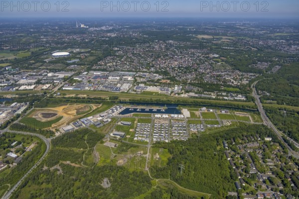 Aerial view, Graf Bismarck city quarter on the Rhine-Herne Canal, Marina Bismarck, Schalke-Nord,