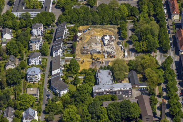 Aerial view, demolition work, construction site and new building at Max-Planck-Gymnasium, Buer,