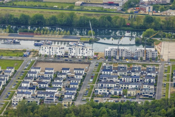 Aerial view, construction site and new building at Graf Bismarck harbour, Bismarck, Gelsenkirchen,