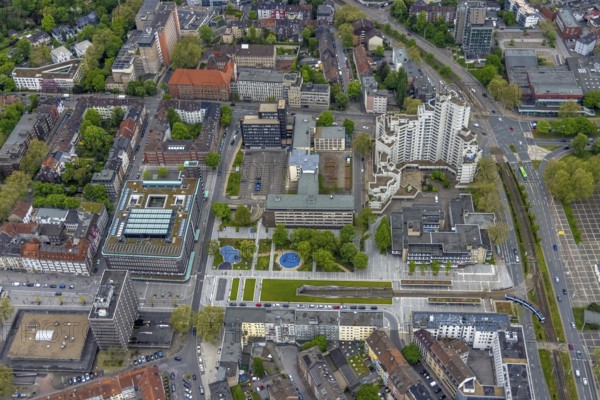 Aerial view, underground tram, Fritz-Rahkob-Platz, old town, town hall, Hans-Sachs-Haus,