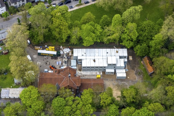 Aerial view, construction site and additional container at GGS Glückaufschule Ückendorf Außenstelle