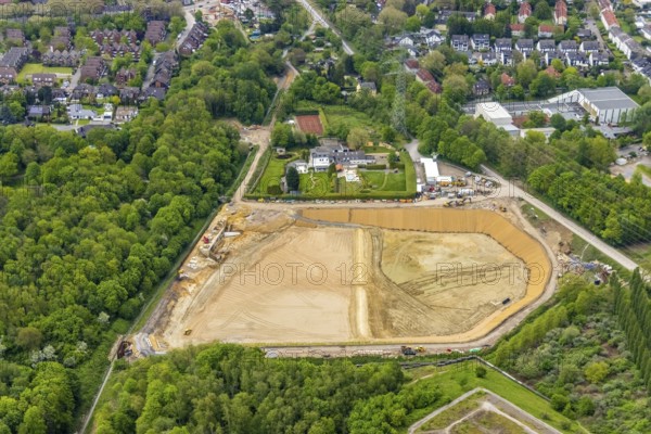 Aerial view, construction site rainwater retention basin Wattenscheider Bach, Ückendorf,