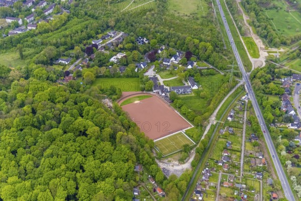 Aerial view, sports facility Halfmannshof, artists' estate Halfmannshof, Ückendorf, Gelsenkirchen,