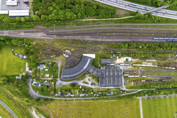 Aerial view, turntable and roundhouse railway depot Gelsenkirchen, Bismarck, Gelsenkirchen, Ruhr