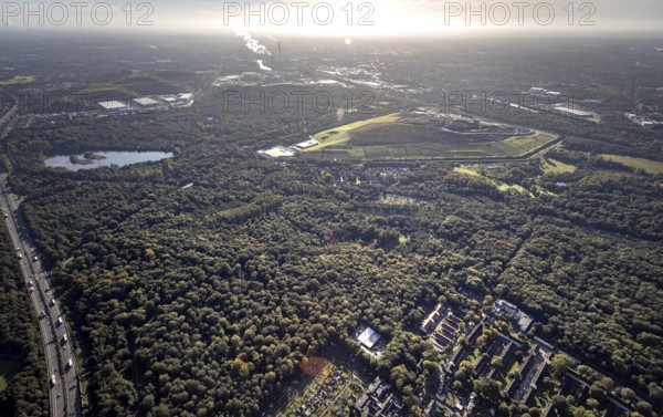 Aerial view, Resser Mark city forest with Emscherbruch central landfill in the Resser Mark district