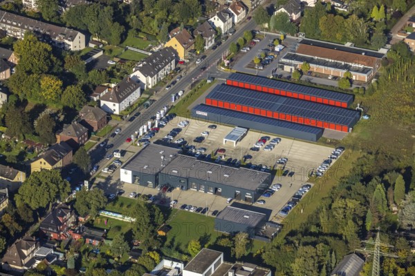 Aerial view, commercial area Ewaldstraße and Maxi-Garagen with solar roof and Å koda Autohaus