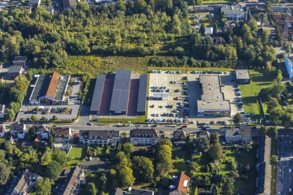 Aerial view, commercial area Ewaldstraße and Maxi-Garagen with solar roof and Å koda Autohaus