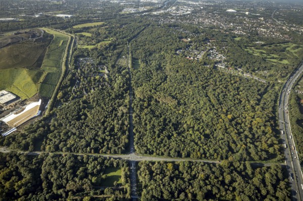 Aerial view, Resser Mark city forest with Münsterstrasse in the Resser Mark district of