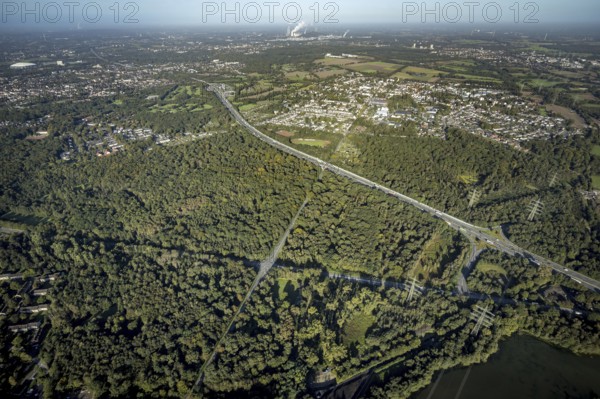 Aerial view, Resser Mark city forest with Münsterstrasse in the Resser Mark district of
