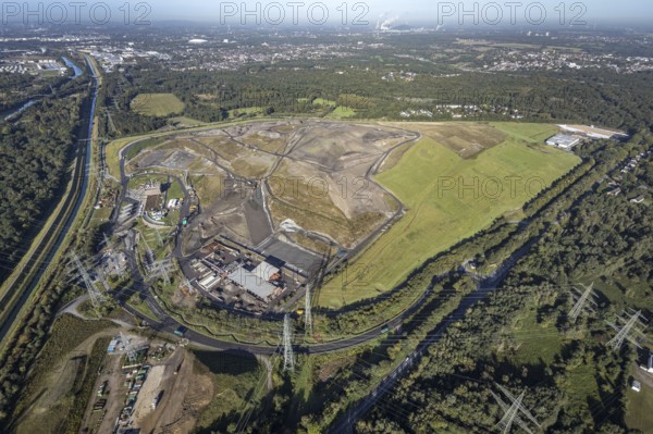 Aerial view, central landfill Emscherbruch and river Emscher in the district Resser Mark in