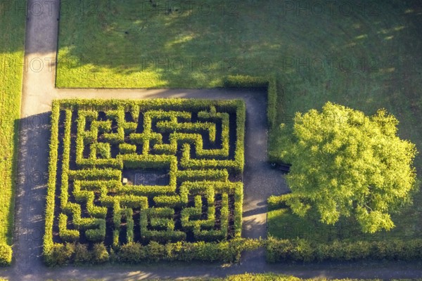 Aerial view, moated castle Schloss Berge labyrinth green areas in the district Buer in