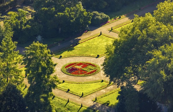 Aerial view, moated castle Schloss Berge green areas in the district Buer in Gelsenkirchen, Ruhr