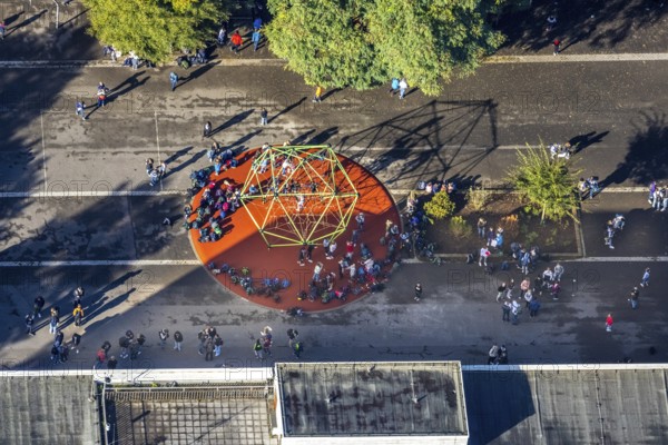 Aerial view, pupils on the playground of the Max-Planck-Gymnasium in the Buer district of