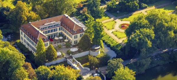Aerial view, moated castle Schloss Berge in the district Buer in Gelsenkirchen, Ruhr area, North