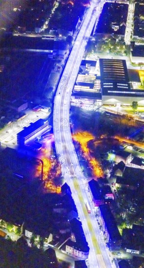 Aerial view, lighting in Schalke blue, Schalke 04, Kurt-Schumacher Straße with thyssenkrupp