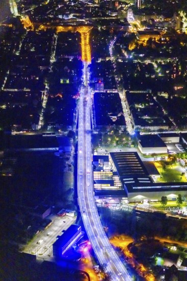 Aerial view, lighting in Schalke blue, Schalke 04, Kurt-Schumacher Straße with thyssenkrupp