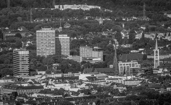 Aerial view, Old Town and City skyscrapers with Provost Church St. Augustinus and Old Town Church