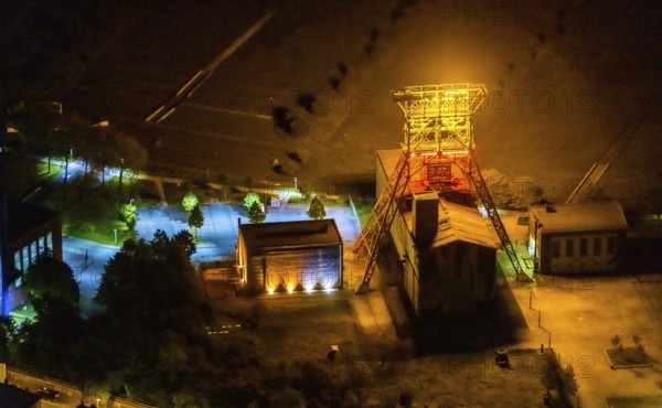 Aerial view, headframe shaft IX with engine houses in Consol Park, Bismarck, Gelsenkirchen, Ruhr