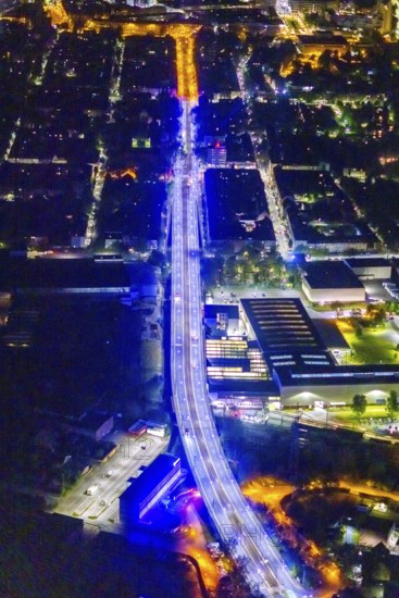 Aerial view, illumination in Schalke blue, Schalke 04, Kurt-Schumacher Straße with thyssenkrupp