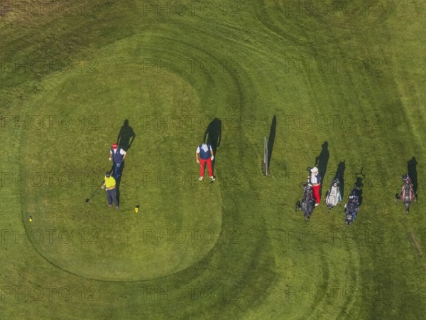 Aerial view, golf course golf club Schloss Horst and golf player on the green in the district Horst