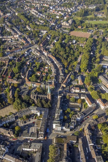 Aerial view, Essener Straße pedestrian zone with St. Hippolytus Church and Josef-Büscher-Platz in
