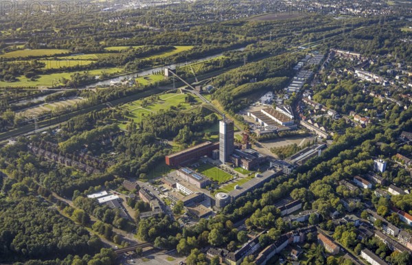 Aerial view, Hercules of Gelsenkirchen sculpture in the Nordstern industrial park on the winding