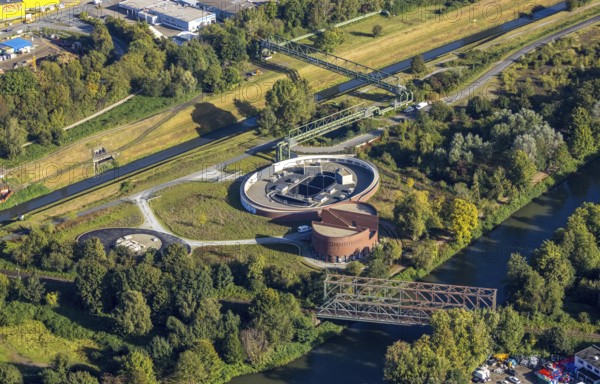 Aerial view, New pumping station building of the Emschergenossenschaft near the Sutumer Brücken on