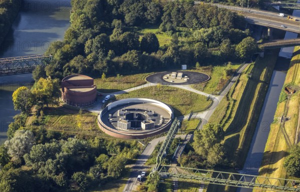 Aerial view, New pumping station building of the Emschergenossenschaft near the Sutumer Brücken on