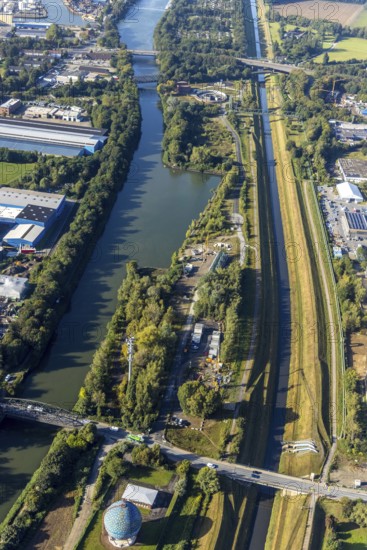 Aerial view, New pumping station building of the Emschergenossenschaft near the Sutumer Brücken on