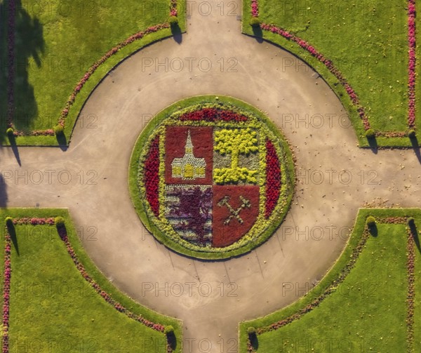 Aerial view, moated castle Schloss Berge green areas and city coat of arms of Gelsenkirchen in the
