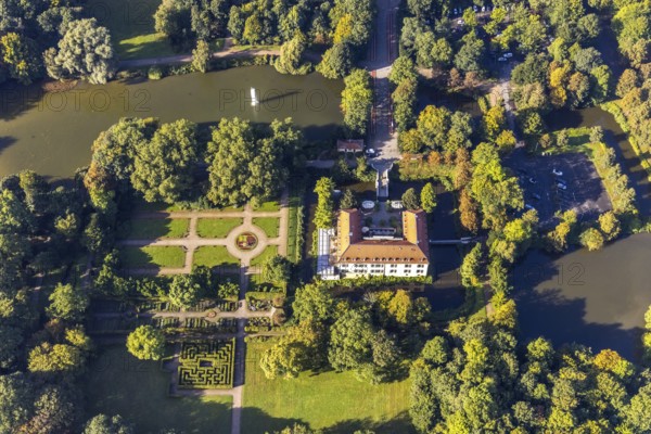 Aerial view, moated castle Schloss Berge in the district Buer in Gelsenkirchen, Ruhr area, North