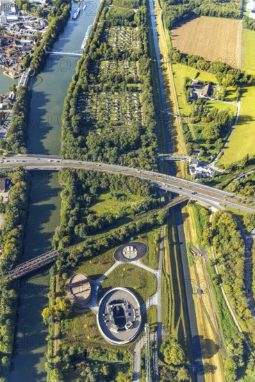 Aerial view, New pumping station building of the Emschergenossenschaft near the Sutumer Brücken on