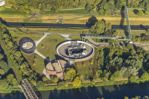 Aerial view, New pumping station building of the Emschergenossenschaft near the Sutumer Brücken on