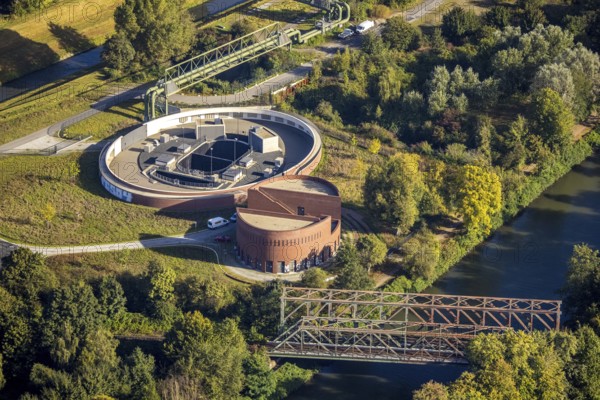 Aerial view, New pumping station building of the Emschergenossenschaft near the Sutumer Brücken on